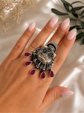 Silver Statement Skull Ring with Ruby Teardrop Accents
